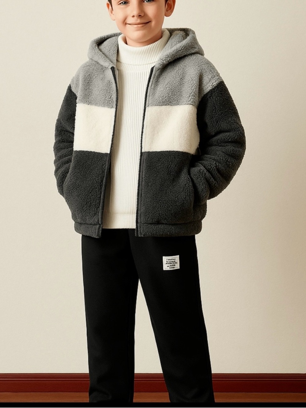 SHEIN Kids Size 11Y Colorblock Sherpa Hoodie Gray Cream Lightweight Cozy VGUC